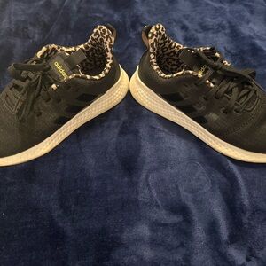 Adidas Women’s Black Sneakers with Leopard Print Lining, Size 7